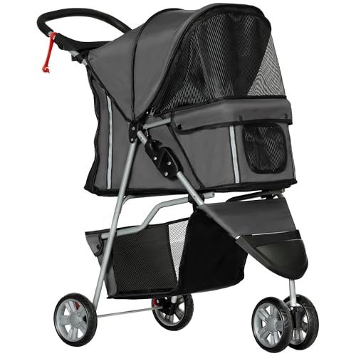 PawHut Hundewagen Hundebuggy klappbar für Hunde & Katzen bis 10 kg Katzenbuggy mit Kissen Netzfenstern Getränkehalter Aufbewahrungstasche Katzenwagen Buggy Dunkelgrau