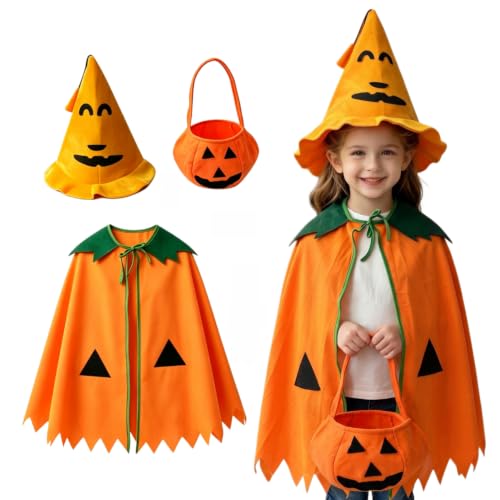 Kostüm Halloween, Kürbis Kostüm Set Damen & Herren, Halloween-kostüm für Erwachsene Verkleidung, Orange Umhang mit Kürbishut & Süßigkeitentasche für Halloween, Karneval, Erwachsene (Unisex-Kinder)