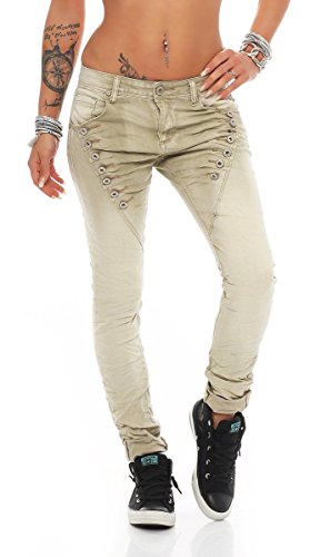 Fashion4Young 10826 MOZZAAR Damen Jeans Jeans Röhrenjeans Haremshose Damenjeans Hüftjeans Baggy (M=38, Beige)