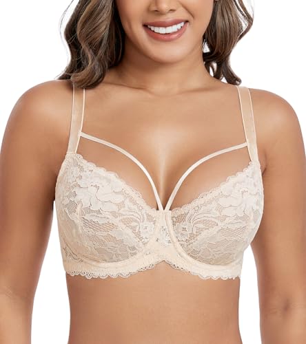 DotVol Damen Große Größen Minimizer BH Durchsichtige Ungepolsterte Spitze Unterwäsche Alltag Bra mit Schnürung(Beige, 95E)