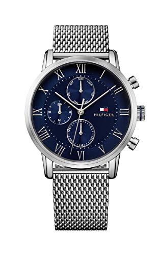 Tommy Hilfiger Herren-Multifunktions-Quarzuhr 44mm mit Blauem Zifferblatt, Edelstahlgehäuse und Mesh-Armband, 3ATM Wasserbeständigkeit - 1791398