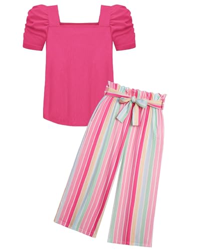 Arshiner Mädchen Tshirt mit Hose Set Kinder Mode Baumwolle Bekleidungssets Blasenärmeliges Oberteil mit Bedruckter Freizeithose Zweiteilig Outfits für Mädchen 11-12 Jahre 150