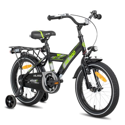 HILAND 16 Zoll Kinderfahrrad, StVZO, für Jungen Kinder ab 4,5,6 Jahren mit Rücksitz/Gepäckträger Stützräder Handbremse und Rücktrittbremse Schwarz