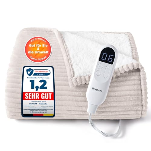 BEDSURE Heizdecke mit Abschaltautomatik 130x180cm - Wärmedecke mit 6 Heizstufen & 10 Stunden Timer, bis zu 8 Stunden Überhitzungsschutz, Elektrische Kuscheldecke für Home & Office, Gestreift Natur
