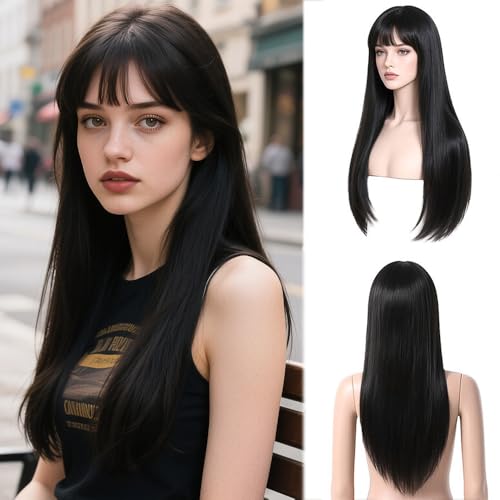 RNPKZ Perücke Damen Schwarz mit Pony, 72 cm Lange Gerade Perücke für Frauen, Lange Gerade Schwarze Perückes, Synthetische GestuftePerücke, Damenperücke für den Täglichen Gebrauch Cosplay Karneval