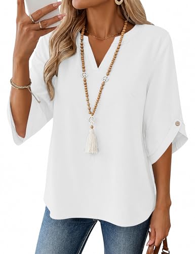 iWoo Damen Bluse 3/4 Langerm V-Ausschnitt Tunika Sommer Tops Locker Shirt