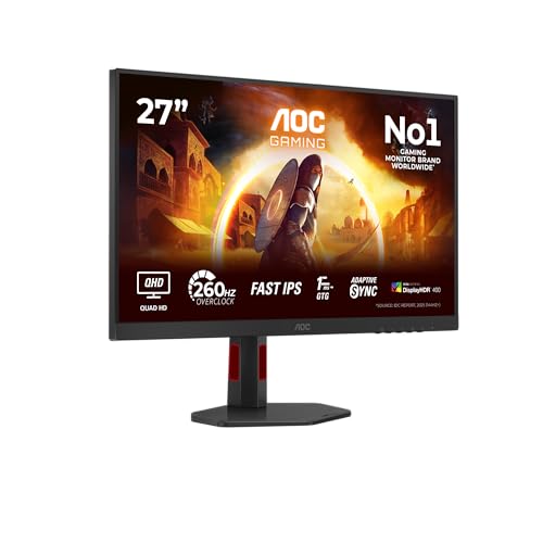 AOC Q27G4ZR 27 Zoll WQHD Gaming Monitor, 260Hz, Fast IPS Panel, 1ms GtG, HDR400, G-Sync Compatible, Höhenverstellung,Lautsprecher,(2560x1440 HDMI 2X 2.0 DP 1x 1.4) Schwarz