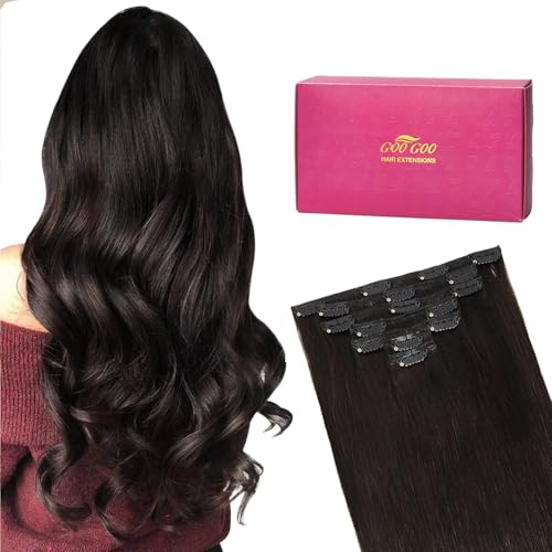 GOO GOO Clip in Extensions Echthaar, Echthaar Extensions Clip, 35cm 120g 7pcs, Extensions Echthaar, Haarverlängerung Echthaar, 2 Dunkelbraun