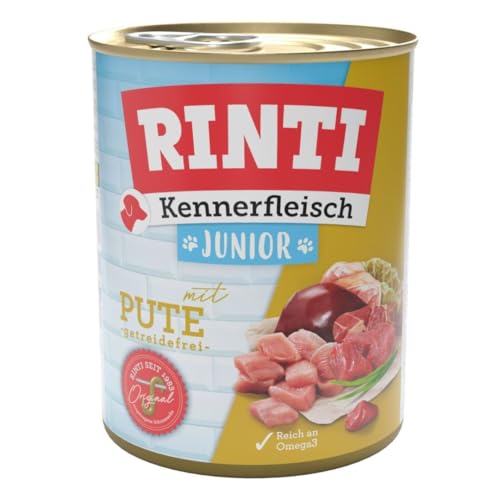 RINTI - Kennerfleisch Junior | Nassfutter mit 70% Fleisch für Hunde im Wachstum. Getreidefreies Alleinfutter in der Dose ohne Soja, Farb- und Konservierungsstoffe | 12x800g Pute