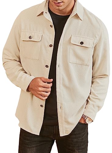 Elegancity Herren Hemd Cord Langarm Freizeithemd Männer Jacke Regular Fit Button Up Hemdjacke Mit Klappentasche Aprikose, XXL