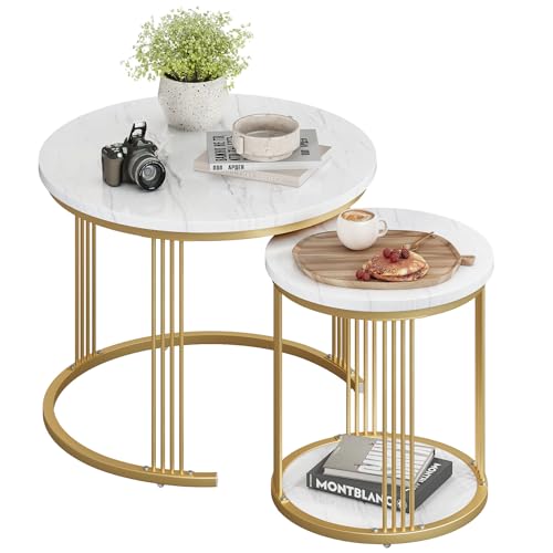 Dripex Couchtisch Set 2er Rund, Nesting Wohnzimmertisch mit Marmor-Tischplatte & Metallrahmen, Doppelschicht Stauraum, 40cm+60cm, Weißer Beistelltisch für Kleines Wohnzimmer/Büro/Schlafzimmer