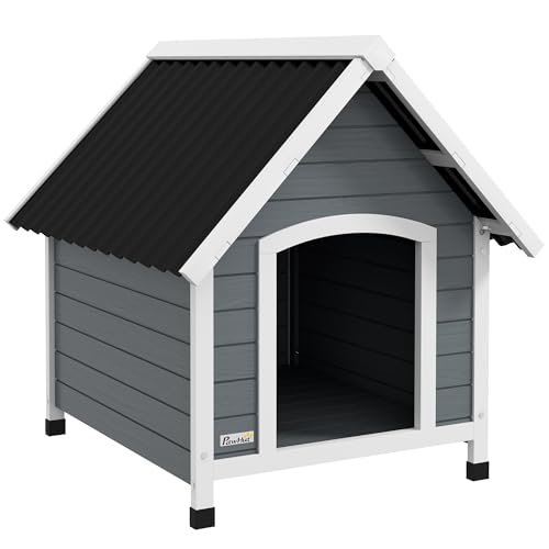 PawHut Hundehütte aus Holz Kleintierhaus mit Asphaltdach Outdoor Hundehöhle korrosionsbeständig Hundehaus mit herausnehmbarem Boden für mittelgroße Hunde 75 x 88 x 82 cm Grau