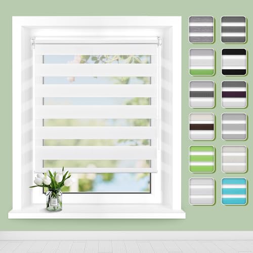 Doppelrollo Klemmfix ohne Bohren B90 x H130cm(Stoffbreite 86cm) Weiß, Rollos für Fenster, Rollo mit Lichtdurchlässig und Verdunkelnd/Höhe Stufenlos Verstellbar/Kindersicherung