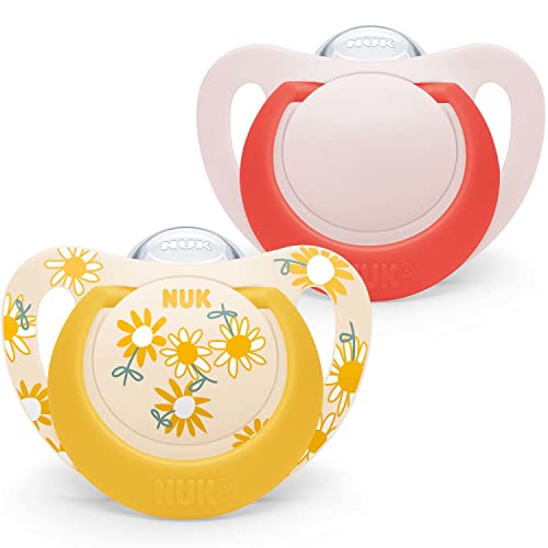 NUK Star Babyschnuller | 6–18 Monate | BPA-freie Silikonschnuller | Yellow Flowers | 2-teilig