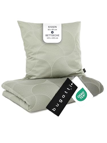 bugatti Bettwäsche 135x200 cm - 100% Baumwolle, Reißverschluss, anschmiegsam, weich & waschbar, Mako Satinbettwäsche Kreise grafisch grün