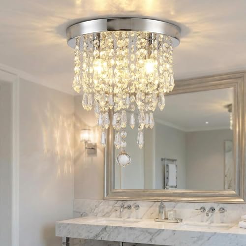 Oyajia Kristall Kronleuchter Flush Mount Decken Kronleuchter Modern Deckenlampe Deckenleuchte Klein für Flur Küche Schlafzimmer, 9.84 * 9.84 * 2.75 In