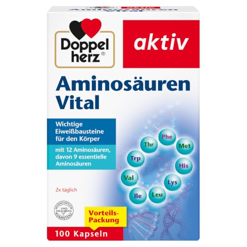Doppelherz Aminosäuren Vital - 12 Eiweiß-Bausteine, darunter alle 9 essentiellen Aminosäuren, für Sportler und körperlich Aktive - 100 Kapseln