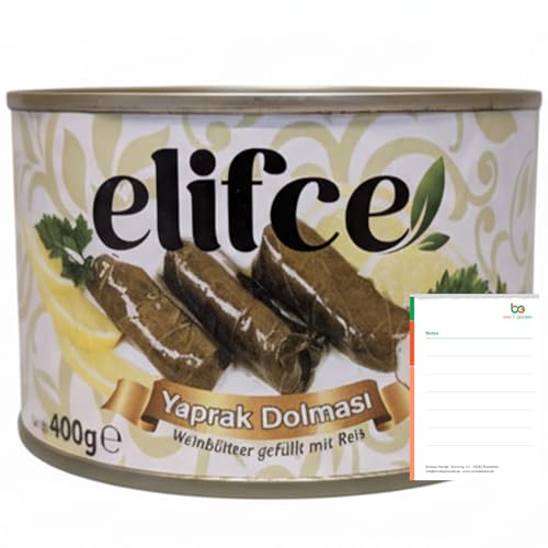 Elifce Reisgefüllte Weinblätter 400g - Yaprak Dolmasi – Fertiggericht in Dose - Traditioneller Genuss – Pflanzlich + Ben's Garden Notizblock Set