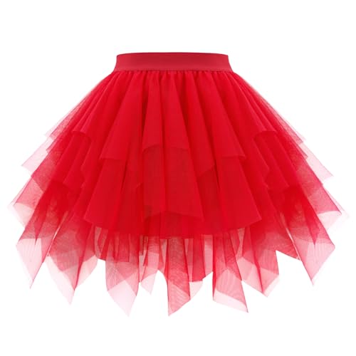 OBBUE Damen Karneval Tüll Rock 1950er Rockabilly Petticoat Tütü Rock Ballett Tütüs für Christmas Party Abschlussfeier Red M