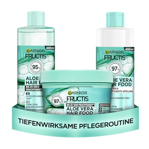 Garnier Fructis Aloe Vera Hair Food Haarpflege Set, mit Multi-Use Maske, Shampoo und Spülung, feuchtigkeitsspendende Pflege, für normales bis trockenes Haar, 3x 400ml