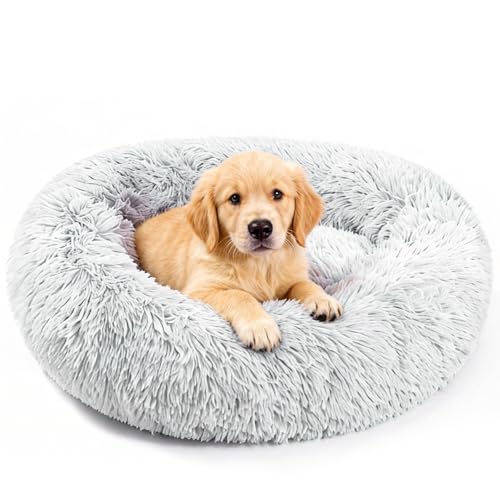 Pmueuff Hundebett Donut für Mittelgroße Haustiere, Flauschig Kuscheliges Katzenbett mit Waschbarem Bezug, Rund Hundekissen Rutschfestem Boden, Hundekorb Langer Plüsch Waschbar in 70cm