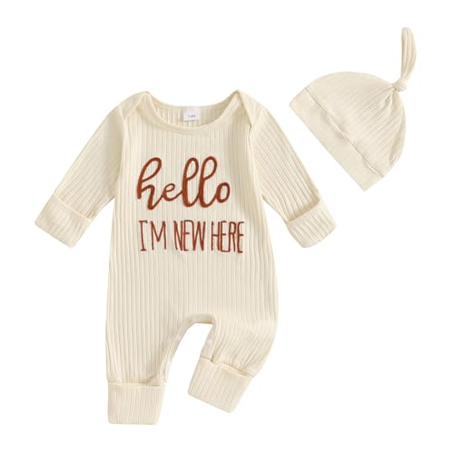 Geagodelia Baby Jungen Strampler + Hut Neugeborene Kleidung Outfit Overall Babykleidung Weiche Babystrampler (Hello I'm New Here - Beige, 0-3 Monate)