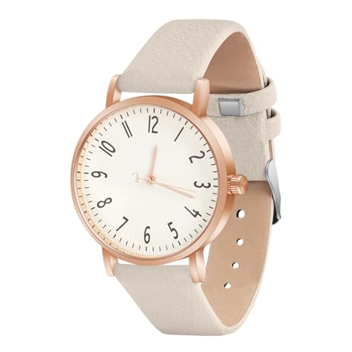 OFFCUP Damenuhr, Damen Analog Quarz Uhr mit Leder Armband, Uhren Damen Einfache Business Klassische Armbanduhr Lässig Quarzuhr Kleideruhr, 3 Zeiger -Beige