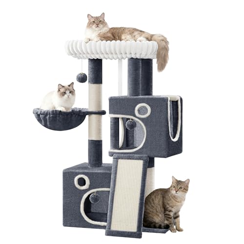 Hzuaneri Kratzbaum, 98 cm Kleiner Katzenbaum, Geräumiges und Stabile, mit Weiche Große Plattform, Plüschbälle, Höhlen, Kratzsäulen, Katzenkratzbrett, Dunkelgrau MS10118SG