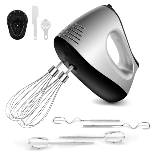 NWOUIIAY Handmixer Elektrisch 500W mit 5 Geschwindigkeiten & Turbinenfunktion Inkl. 2 Quirlen, 2 Knethaken, 2 Schneebesen, Eiertrenner, Spatel und Standhalter