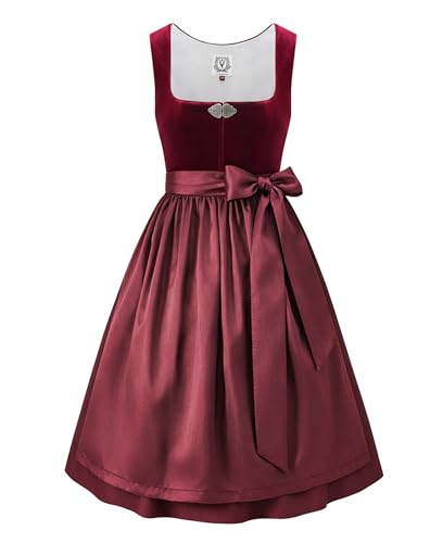 DIRNDLSTERN Damen Rot Trachtenkleid - Midi Oktoberfest Outfit Samt Dirndlkleid mit 60 cm Dirndlschürzen 36