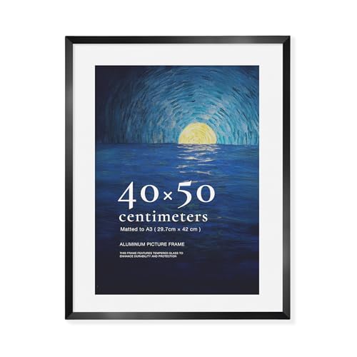 LIVINGTASTE Bilderrahmen 40x50 Aluminium Schwarz gebürstet mit gehärtetem Glas, 1 Stück mit Passepartout für A3 (29,7 x 42 cm), für 40x50 cm, ideal für Galerie 1pk