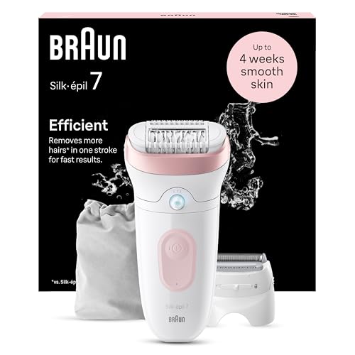 Braun Silk-épil 7 Epilierer Damen, Haarentferner für Langanhaltende Haarentfernung, Ladyshaver, Wasserdicht — Inkl. Rasieraufsatz und Einen Trimmeraufsatz — 7-030, Weiß/Flamingorosa