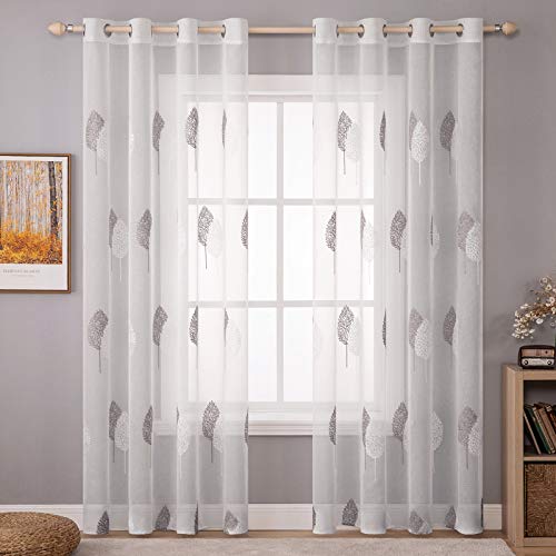 MIULEE Wohnzimmer Vorhänge Transparent mit Grau und Weiss Blätter Muster, Modern Stickerei Gardinen Ösen für Schlafzimmer Deko, 2er Set Schöne Blätter Muster Vorhang Fenster H 245 x B 140