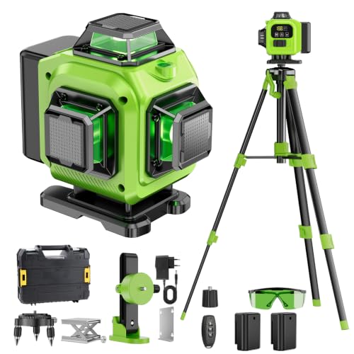 Kreuzlinienlaser Grün 16 Linien Nivellierlaser mit Stativ, 4 x 360 ° Laser wasserwaage, linienlaser kreuzlaser selbstnivellierend für Innenbereich Baustelle, 2 x Batterie Vermessungskabine