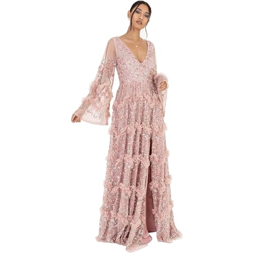 Maya Deluxe Damen Ladies Womens Maxi V Neckline Sequin with Ruffle Empire Waist Slit Split for Prom Ball Bridesmaid Wedding Guest Dress, Frosted Pink, 42 EU