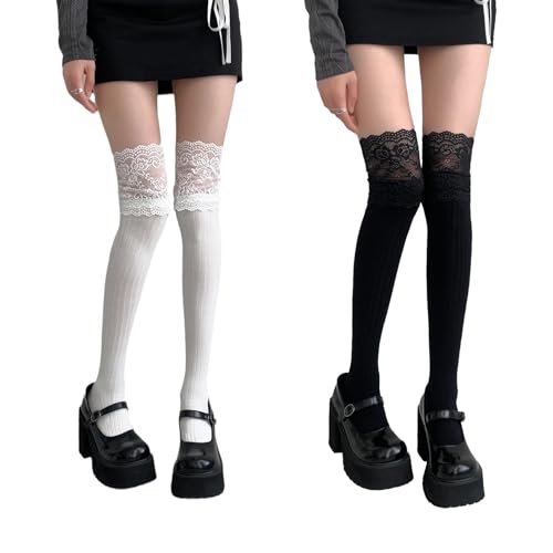 FOSDICK 2 Paar Overknee Strümpfe, Kniestrümpfe Mädchen, Lange Strümpfe Damen Strickwaren mit Sexy Durchbrochene Spitze, Lange Overknee Strümpfes für Sport Büroarbeit Schule Reisen und Alltag