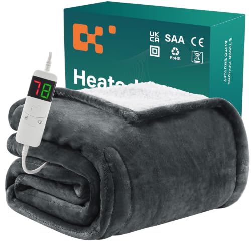 warmhelper Heizdecke Wärmedecke mit Abschaltautomatik,Kuscheldecke flauschig Weihnachten,10 Heizstufen,130x180cm, Dunkelgrau