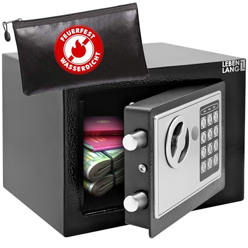 LEBENLANG 5L Safe Tresor für Zuhause - Inkl. Feuerfester Dokumententasche & Notschlüssel I Schranktresor Möbeltresor mit Zahlenschloss für Bargeld Geld Papiere I Wandtresor Zimmersafe Sicher Haussafe
