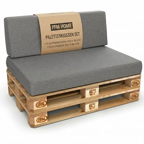 PFM HOME - Palettenkissen Outdoor-Kissen Wasserdicht für Palettensofa Palettenmöbel Europaletten - Gartenkissen mit abnehmbarem Bezug - 1 x Rückenkissen 120 x 40 cm + 1 x Sitzkissen 120 x 80 cm