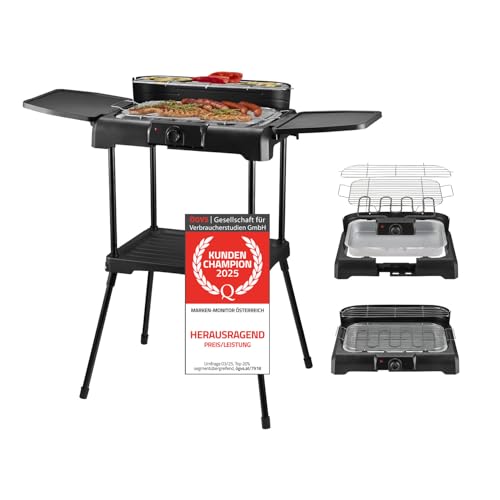 TZS First Austria 2in1 Elektrogrill | Tischgrill & Standgrill | Grillen ohne Rauch | Stufenloser Hitzeregler| 2 Seitentische | Ablagefläche | 2200W