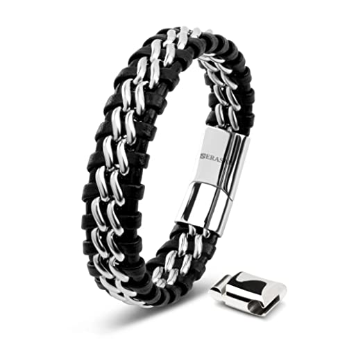 SERASAR Armbänder Herren Silber 23cm Männer Armband Leder Armreif Lederband Herrenarmreif Armschmuck Schmuck Flecht Wickelarmband Kette Leather Bracelet