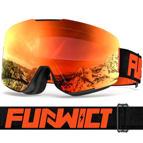 FUNWICT Skibrille Herren Damen Skibrille für Brillenträger Anti-Beschlag mit UV-Schutz Winddichte Skibrille Kompatibel mit Skihelm für Skating Snowboard Snowmobile (Rot)
