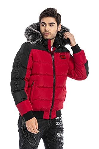 Cipo & Baxx Herren Mantel CM182 Rot – Stylische Winterjacke im modernen Design mit warmem Innenfutter, abnehmbarer Kapuze und funktionalen Details für kalte Tage - CM182 Rot S