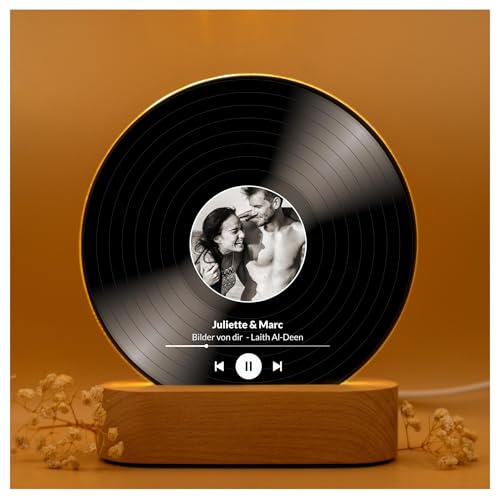 Geschenkfreude personalisiertes Song Cover Glas Bild mit Foto - LED Acrylglas Fotogeschenk mit eignem Bild in Schallplatten Optik - Valentinstagsgeschenk für Ihn und Sie - Geschenk für Paare