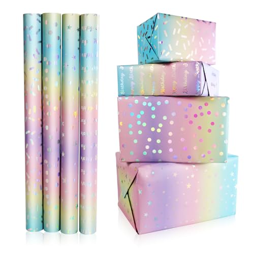 Geschenkpapier Geburtstag 43 x 300cm,4 Rollen Glänzende Regenbogenfolie