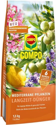 COMPO Mediterrane Pflanzen Langzeit-Dünger – mit 6 Monate Langzeitwirkung – für alle mediterranen Pflanzen – 1,5 kg für 50 m²