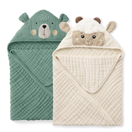 Blissful Diary Musselin Baby kapuzenhandtuch Baby, 2er-Pack,Weiche und Saugfähige Baby Handtuch Kapuze, Baumwolle Baby Badetuch Unisex, Babygeschenk, Baby-Basics, 81x81cm, Bär & Lamm