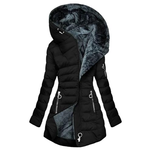 Generisch Winterjacke Damen Lang Steppjacke mit Kapuze Winter Warm Daunenjacke Wintermantel Fleece Jacke Einfarbig Bequemes Winterparka Elegant Mantel Große Größen Sportjacke Winddicht Outdoorjacke