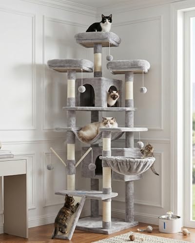 Hey-brother Kratzbaum groß, 180 cm XXL Katzenbaum, Kratzbaum Grosse Katzen Stabil mit Sisalseil, große Kratzbrett, Korb, 3 Plattform and 2 Haus, Hellgrau EMPJ034W