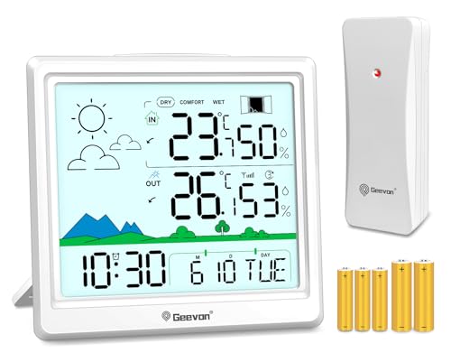 Geevon Wetterstation Funk mit Außensensor Thermometer innen außen 3CH | Luftfeuchtigkeit, 5-Tage-Vorhersage, für Zuhause/Garten/Baby, Fenster Öffnen/Schließen, Frostalarm, Komfortanzeige, Max/Min